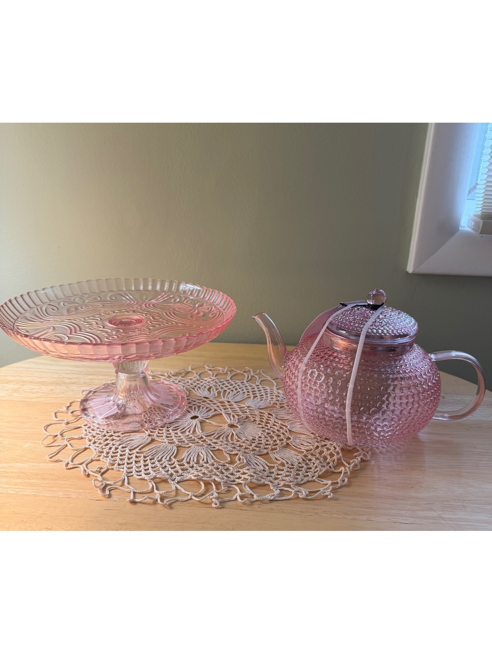 Pink Glass Hobnail Style Teapot with Infuser and Pink Glass Pedestal Cake Stand